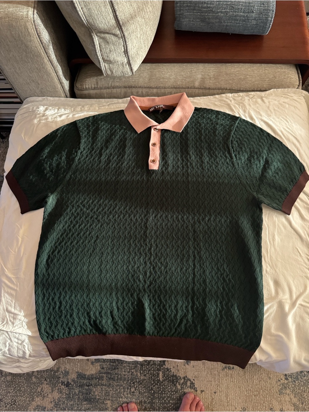 Mr. Turk Men's Green SS Polo with Pink Collar and Brown Tipped Sleeves and Hem